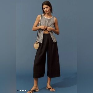 NWT Anthropologie 100% Linen Pleated Culotte Wide Leg Trousers Pants Black M